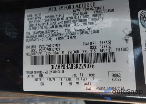 2011 Ford Fusion Se z USA, uszkodzony, nr VIN 3FAHP0HA8BR229076